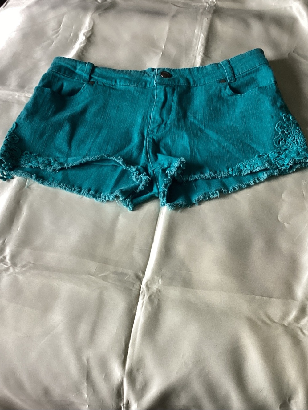 Ambiance Teal Frayed-Hem Jean Shorts